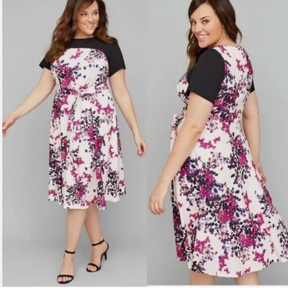 Lane Bryant FRONT TIE FLORAL SCUBA FIT & FLARE DRESS - Picture 1 of 14